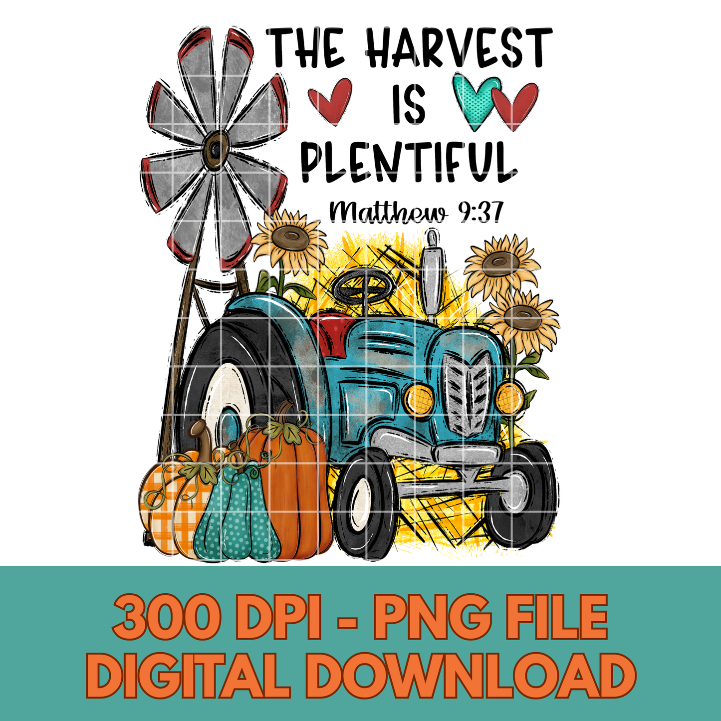The Harvest Is Plentiful Christian T-Shirt For Fall | Matthew 9:37 | Cute Pumpkin Shirt With Tractor And Sunflowers | T-Shirt PNG For Sublimation On Shirts, Mugs, Tumblers |300 DPI