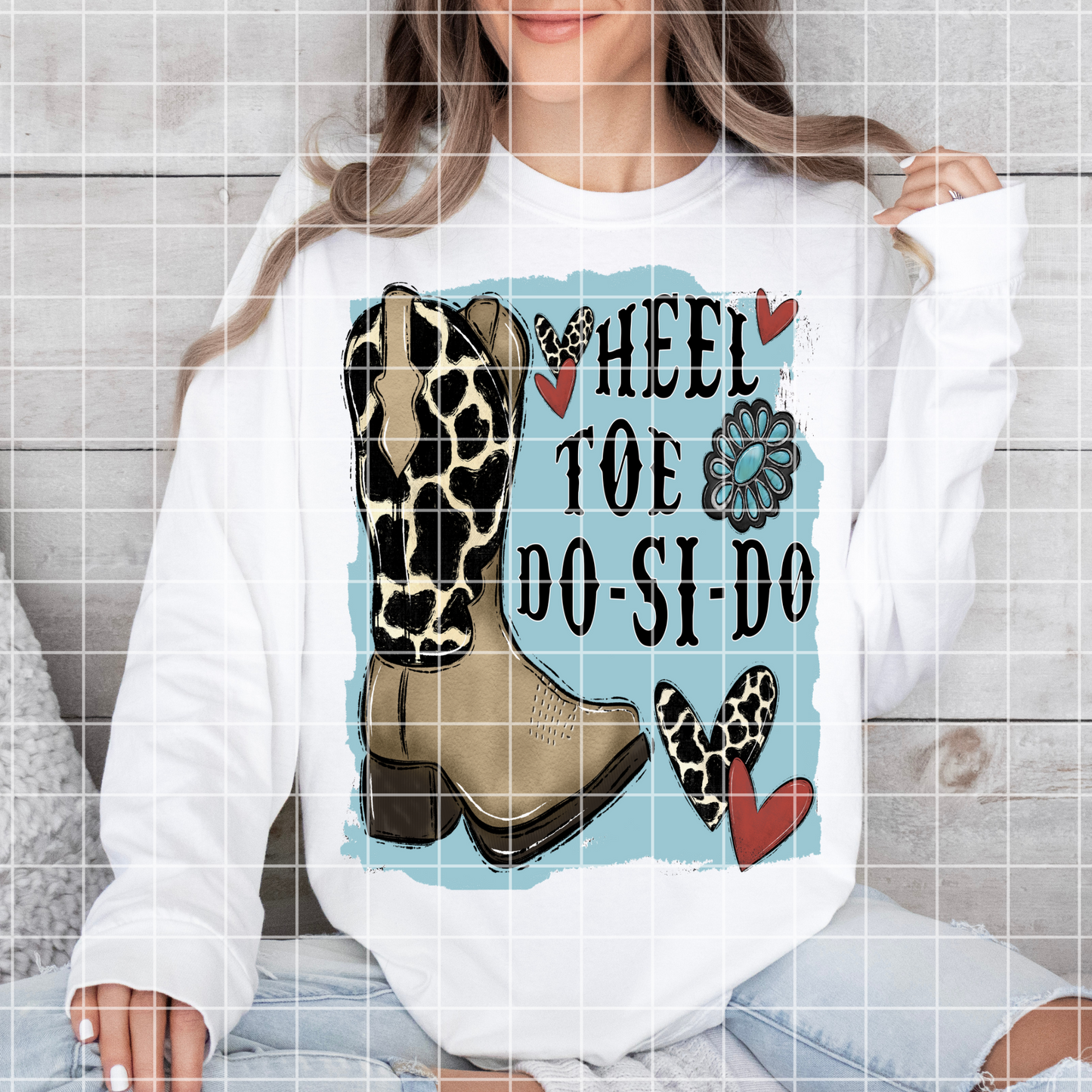 Heel Toe Do-Si-Do | Cute Western Theme Design | T-Shirt PNG | Cowboy Boot Cow Hide Design For Sublimation Or DTF To Make Shirts, Tumblers, Stickers, Dish Towels