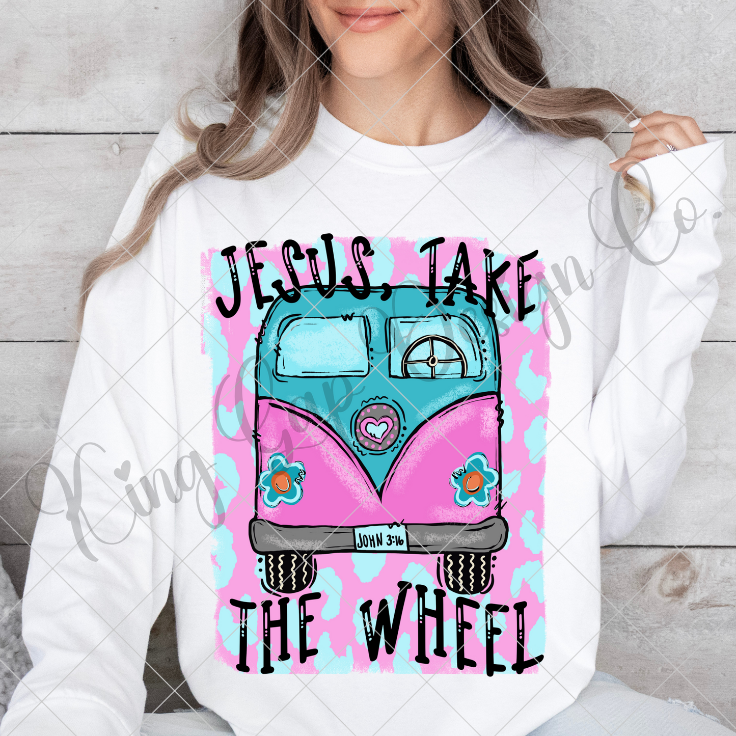 Jesus Take The Wheel Sublimation Design | Jesus Take The Wheel T-Shirt For Her | John 3:16 Hippy Van | Hippie Van Sublimation| Pink And Teal