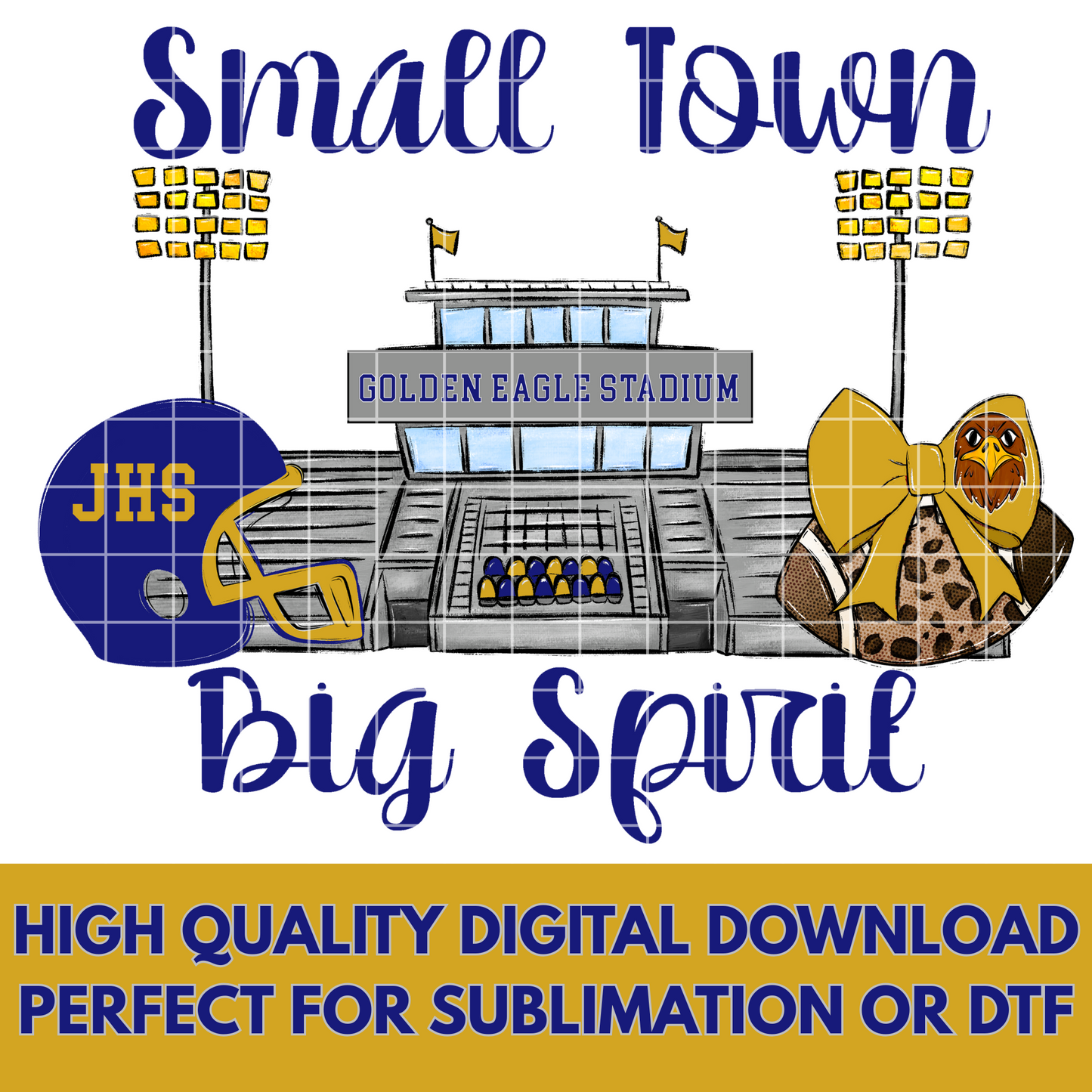 Jacksonville High School Football Sublimation | Golden Eagles | Blue And Gold School Colors | PNG For T-Shirts, Tumblers, Cups, Stickers| 300 DPI, Transparent Background