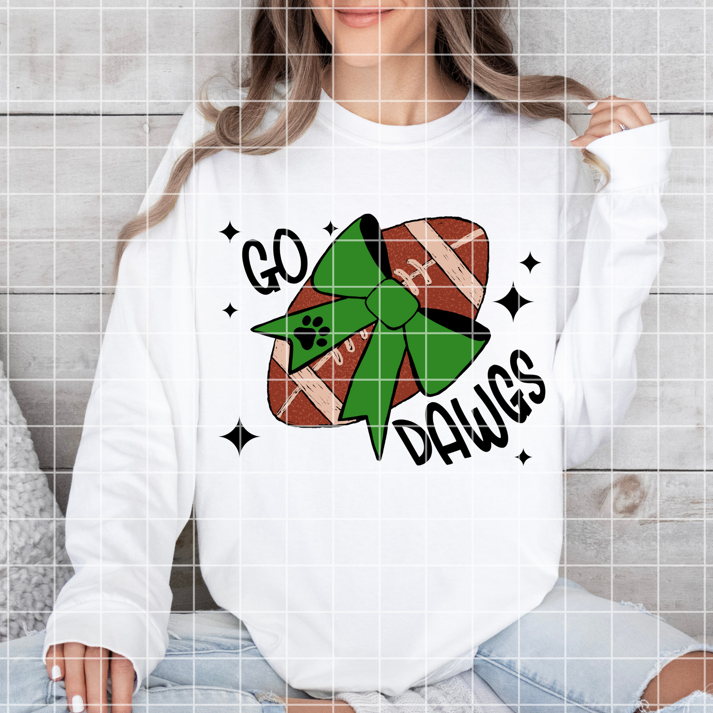 Hand Drawn Go Dawgs Football Sublimation Design For Bulldog Fans With Green School Colors To Make T-Shirts, Mugs, Tumblers, And Stickers