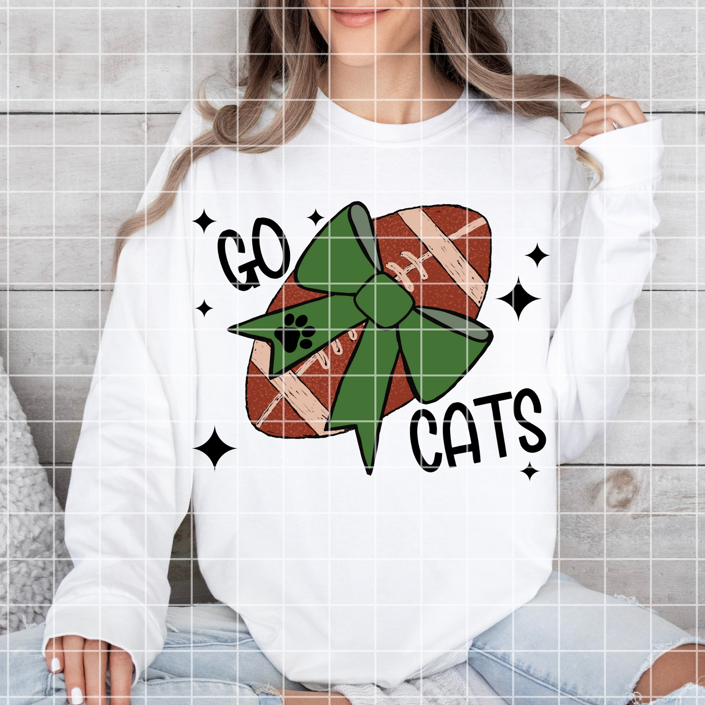 Go Cats Sublimation PNG For Wildcats, Bobcats, Bearcats Teams With Green School Colors | Hand Drawn 300 DPI Football With Green Coquette Bow