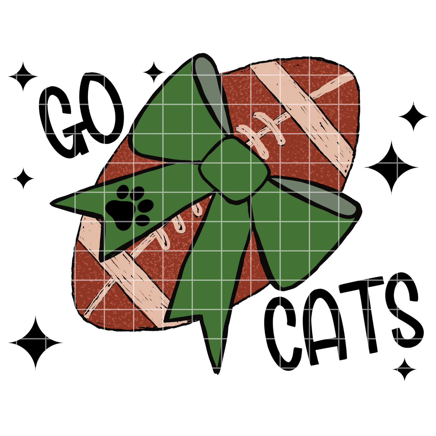 Go Cats Sublimation PNG For Wildcats, Bobcats, Bearcats Teams With Green School Colors | Hand Drawn 300 DPI Football With Green Coquette Bow