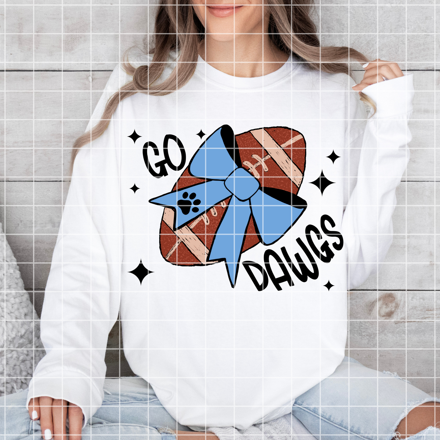 Go Dawgs Sublimation PNG For Bulldogs Fans With Light Blue School Colors | Hand Drawn Football With Blue Coquette Bow 300 DPI Transparent BG