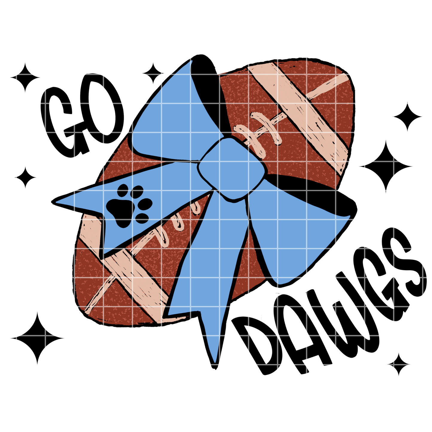 Go Dawgs Sublimation PNG For Bulldogs Fans With Light Blue School Colors | Hand Drawn Football With Blue Coquette Bow 300 DPI Transparent BG