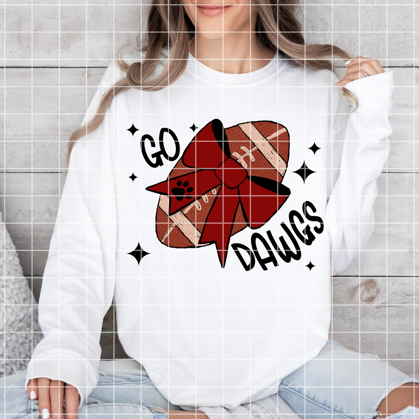 Bulldogs Sublimation PNG For Making T-Shirts, Tumblers, Mugs | Go Dawgs Shirt With Hand Drawn Football And Bow With Paw Print | 300 DPI