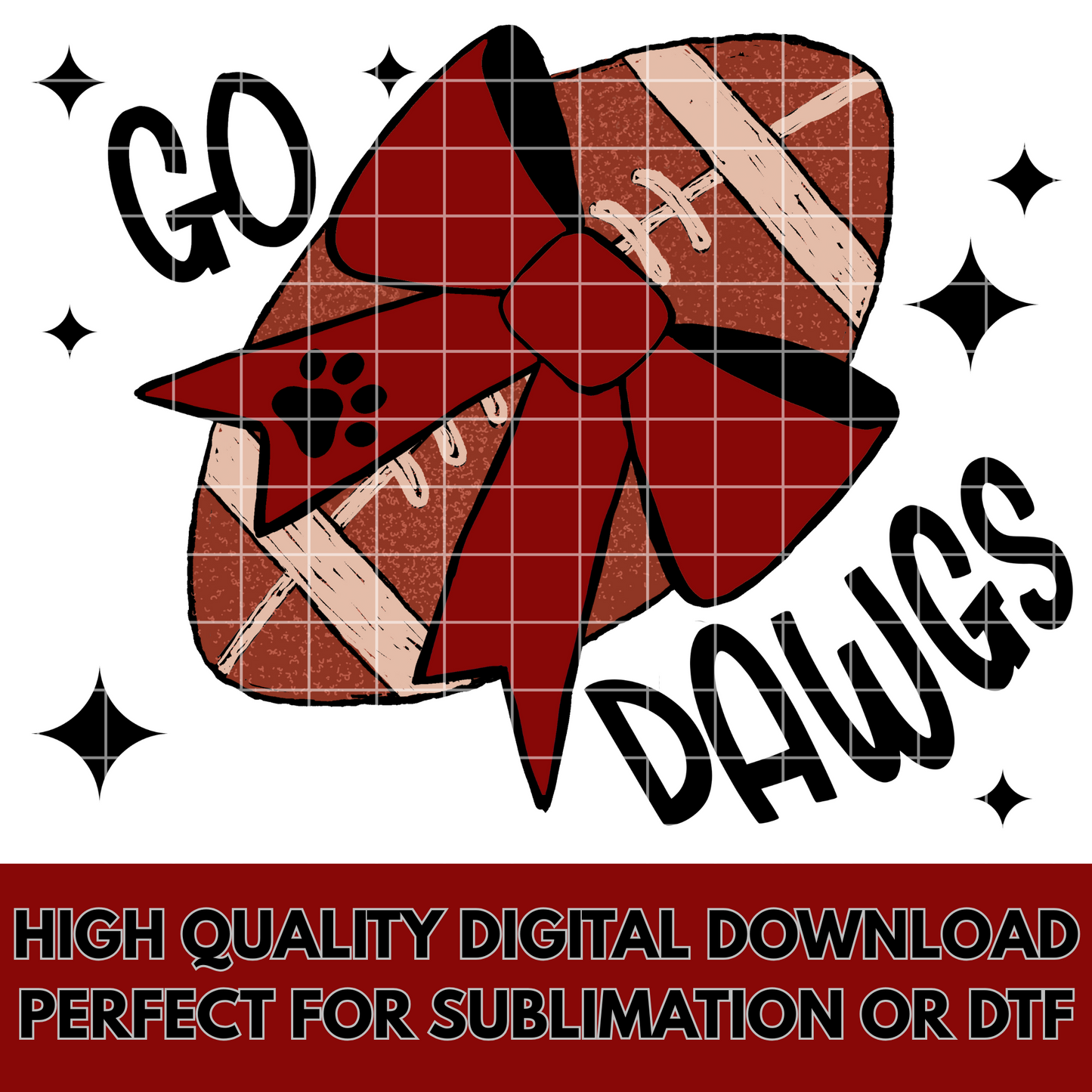 Bulldogs Sublimation PNG For Making T-Shirts, Tumblers, Mugs | Go Dawgs Shirt With Hand Drawn Football And Bow With Paw Print | 300 DPI