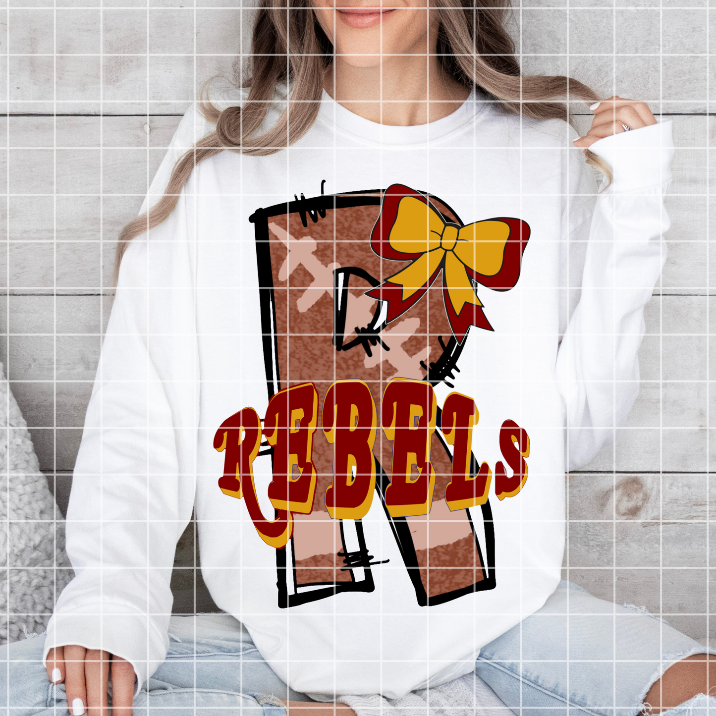 Maroon And Gold Rebels High School Football T-Shirt Design For Sublimation, DTF, Stickers, Tumblers | Maroon And Gold School Colors, Doodle Letter And Bow
