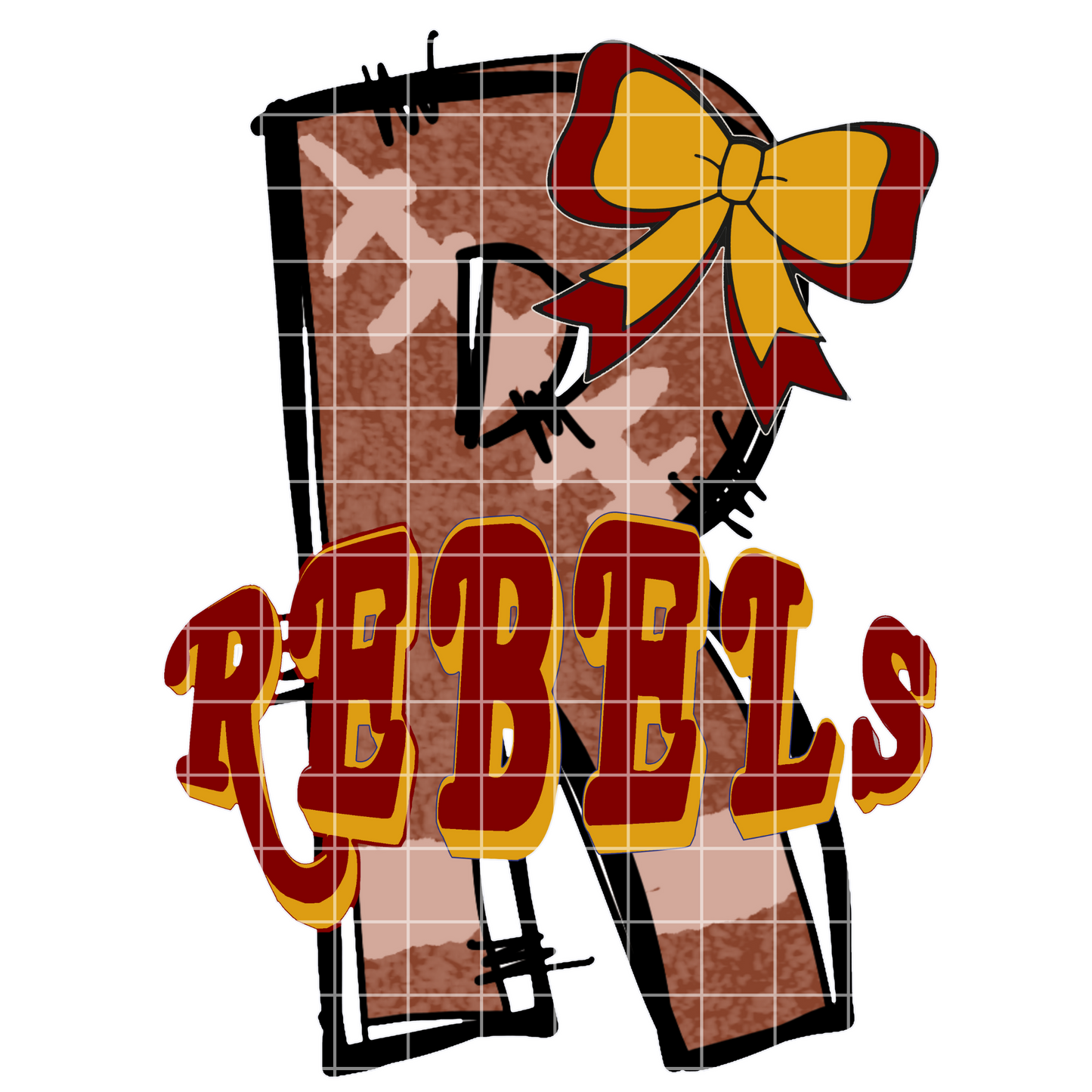 Maroon And Gold Rebels High School Football T-Shirt Design For Sublimation, DTF, Stickers, Tumblers | Maroon And Gold School Colors, Doodle Letter And Bow