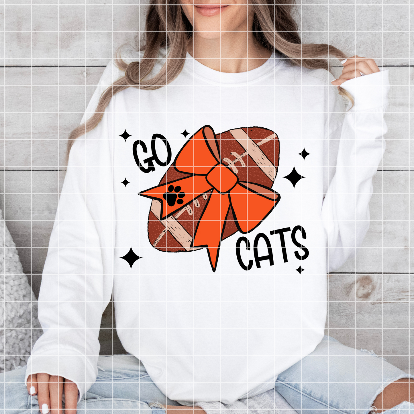 Go Cats Sublimation PNG For Wildcats, Bobcats, Bearcats Game Day Shirt With Orange School Color | Hand Drawn Football With Coquette Bow PNG