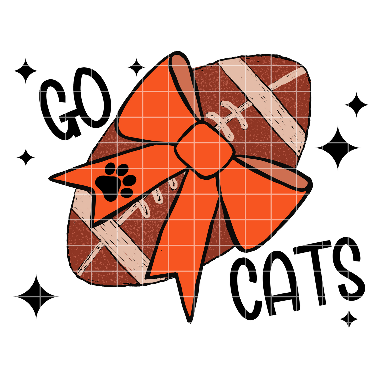 Go Cats Sublimation PNG For Wildcats, Bobcats, Bearcats Game Day Shirt With Orange School Color | Hand Drawn Football With Coquette Bow PNG