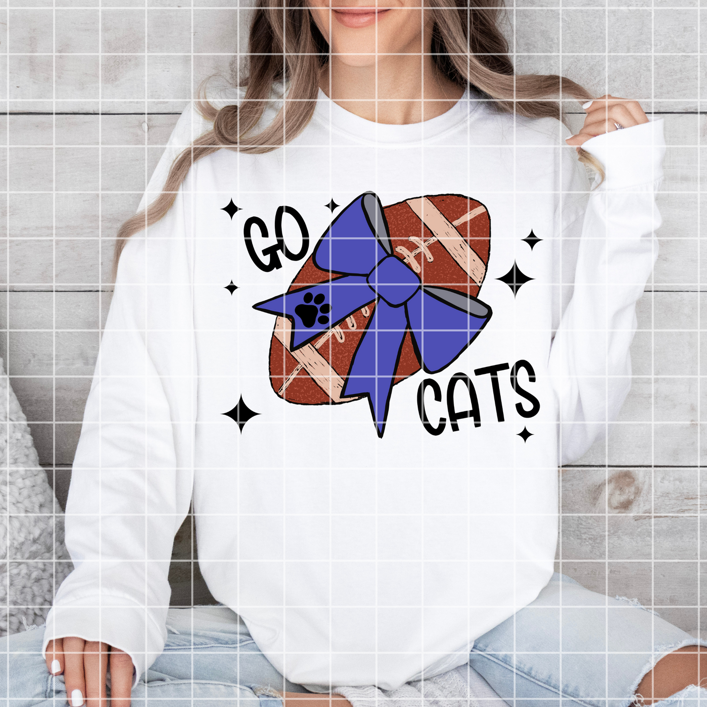 Go Cats Football Sublimation With Royal Blue Coquette Bow For Wildcats, Bobcats, Bearcats Mascots | Hand Drawn Football With Bow, 300 DPI