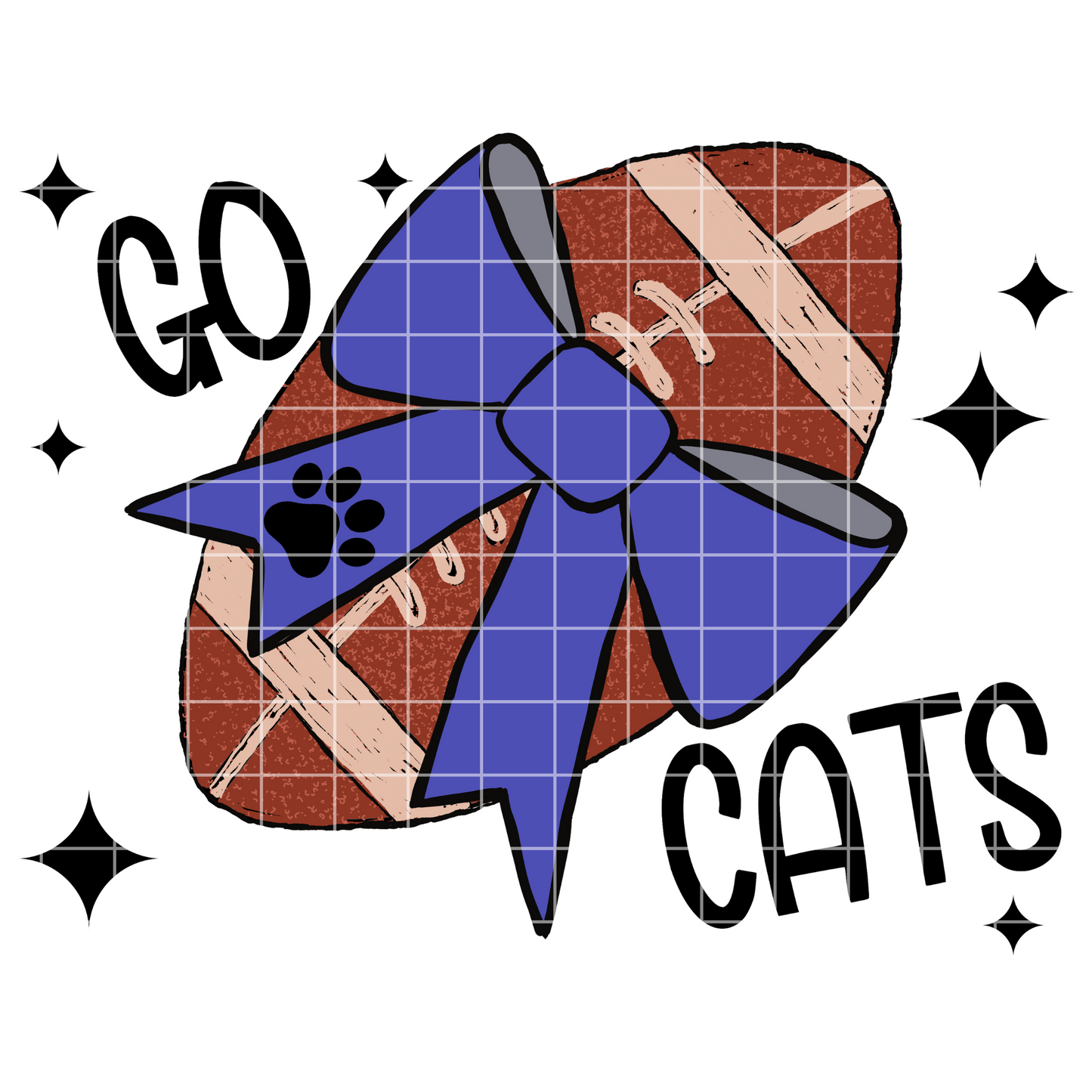 Go Cats Football Sublimation With Royal Blue Coquette Bow For Wildcats, Bobcats, Bearcats Mascots | Hand Drawn Football With Bow, 300 DPI
