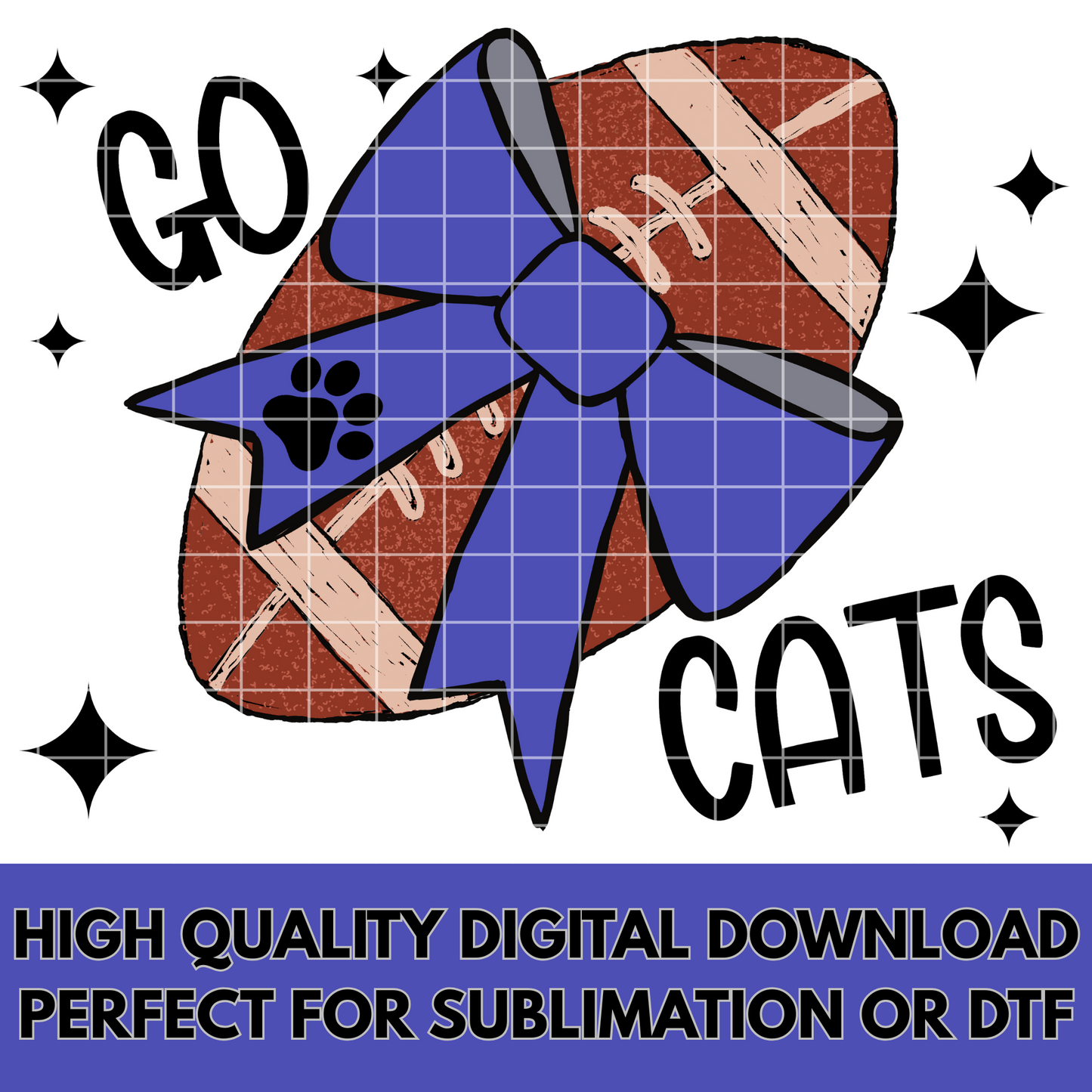 Go Cats Football Sublimation With Royal Blue Coquette Bow For Wildcats, Bobcats, Bearcats Mascots | Hand Drawn Football With Bow, 300 DPI