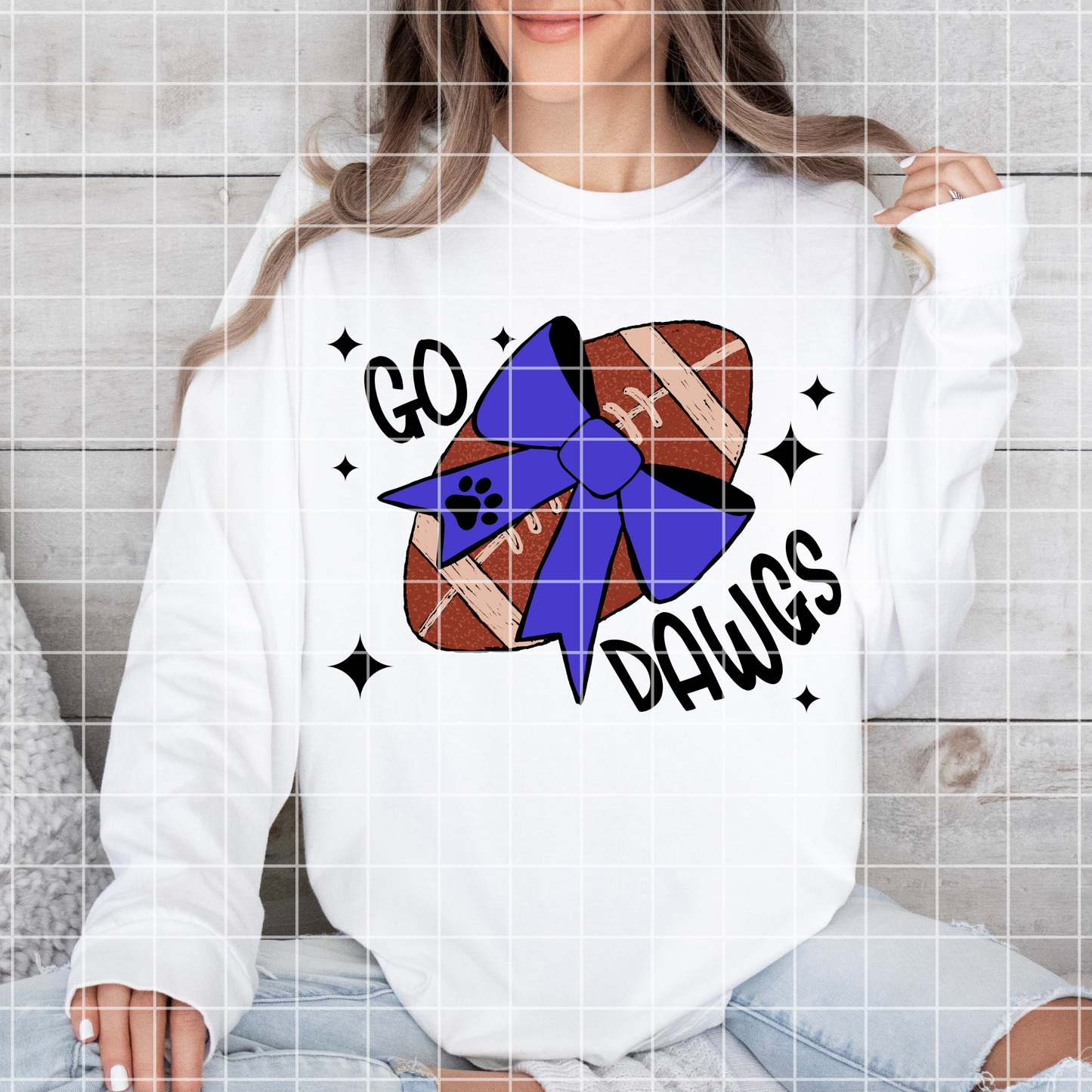 Bulldogs Football Sublimation PNG With Hand Drawn Football And Royal Blue Coquette Bow For Making Shirts For Bulldogs Fans | 300 DPI Image