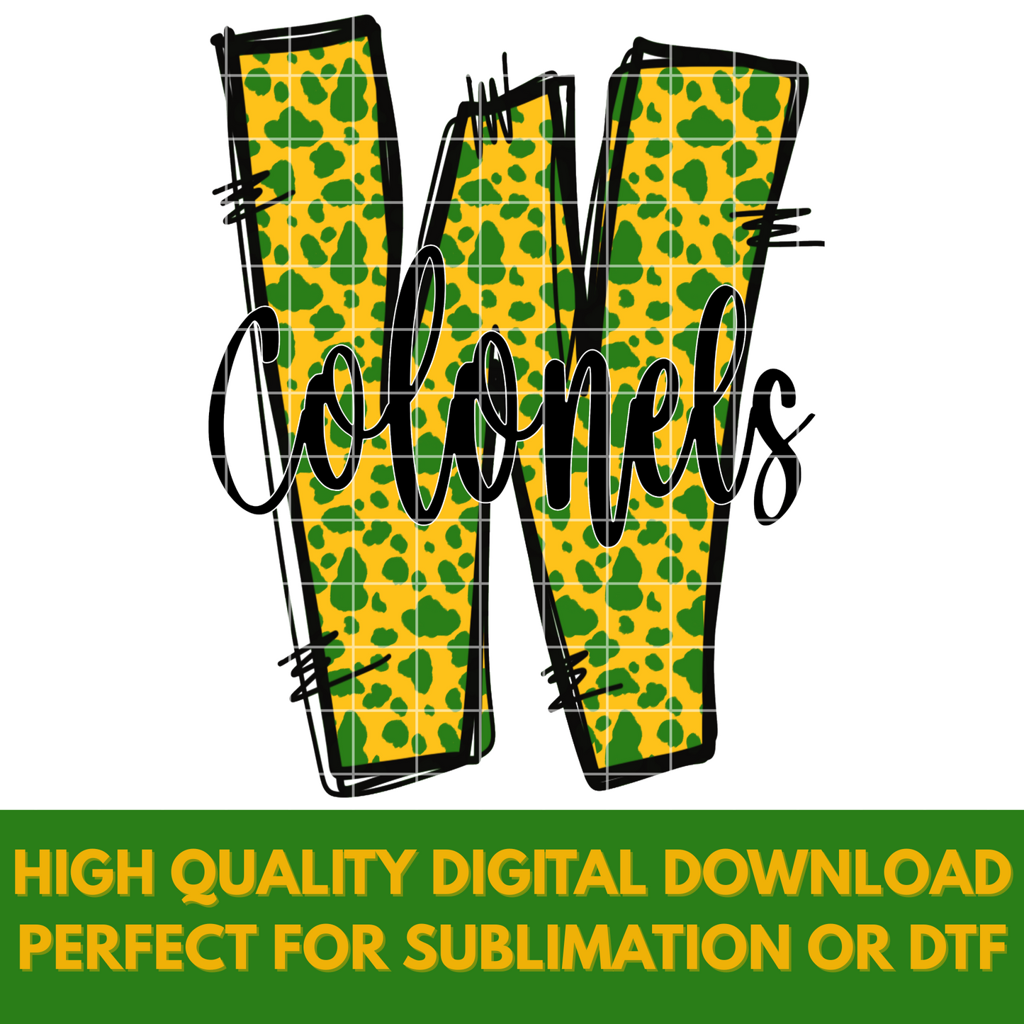 Doodle Letter "W" Woodlawn Colonels Football Sublimation | Green And Gold School Colors | PNG For T-Shirts, Tumblers, Cups, Stickers| 300 DPI, Transparent Background