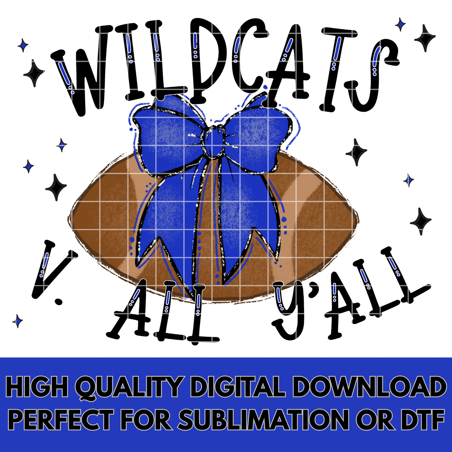 Wildcats Football Sublimation PNG With Blue Coquette Bow For T-Shirts For Wildcats Fans | 300 DPI, Transparent Background