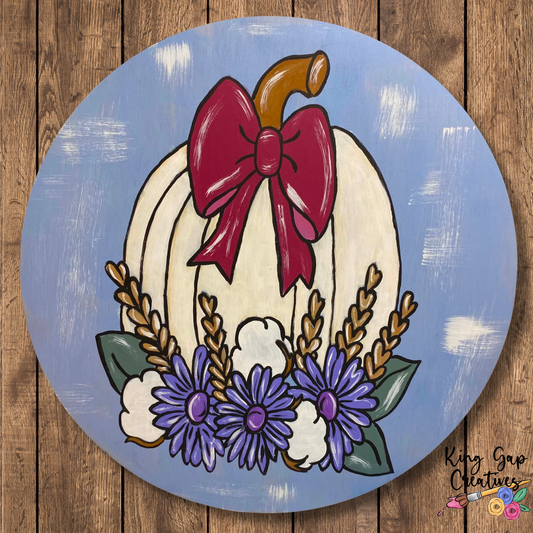 Pumpkin With Cotton Fall Door Hanger Template | Floral Pumpkin With Bow For Fall | Painting Template For Door Hanger Or Canvas Painting | Acrylic Painting For Beginners | Template Video And Instructions Included | Fall Craft Project
