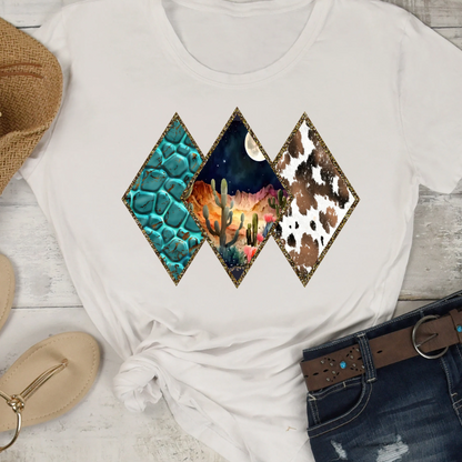 Desert Diamond Trio | T-Shirt PNG | Turquoise | Desert Cactus | Cow Print | Western T-Shirt Design | Country PNG | Instant Download | POD