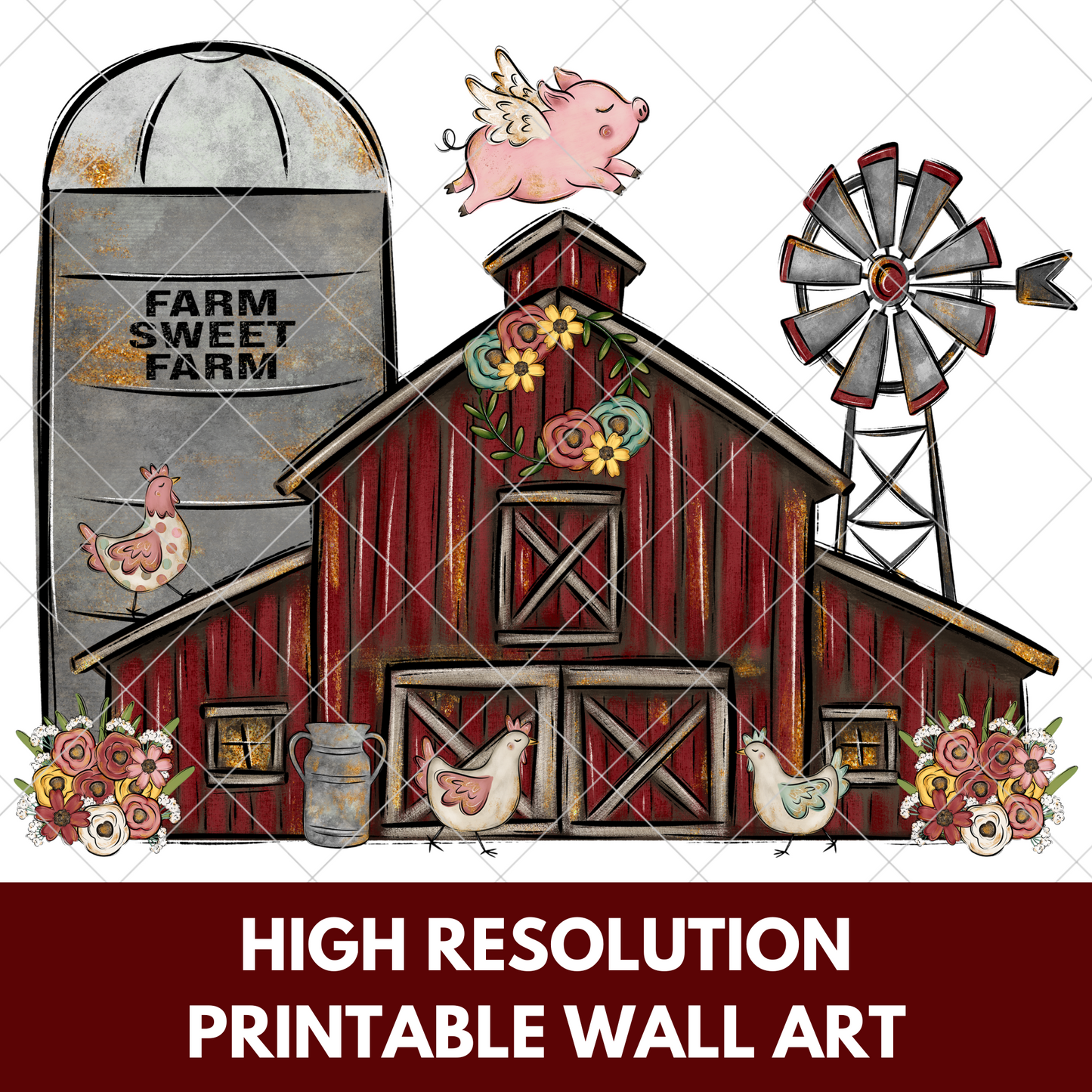 Whimsical Farmhouse Printable Wall Art | Original Designer | Barn | Chickens | Pig | Barnyard PNG | High Resolution, 300 DPI