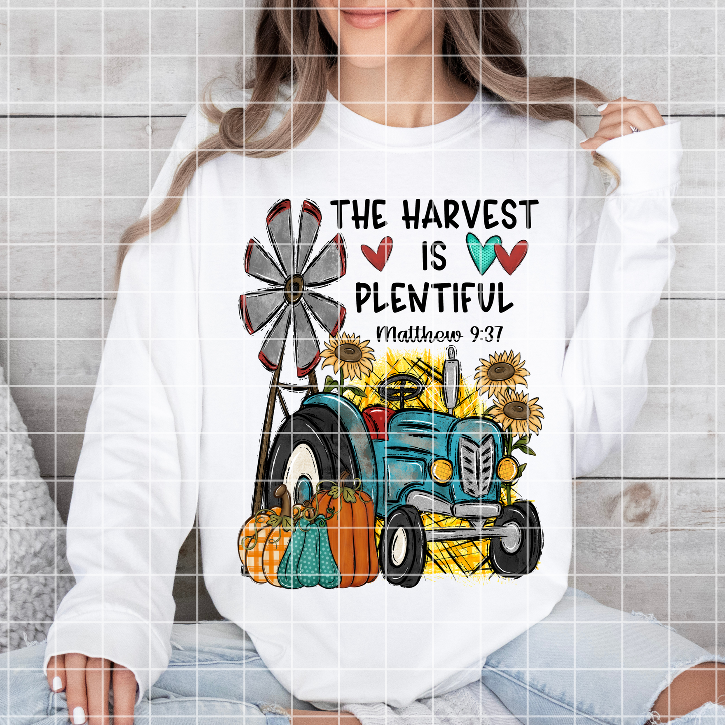 The Harvest Is Plentiful Christian T-Shirt For Fall | Matthew 9:37 | Cute Pumpkin Shirt With Tractor And Sunflowers | T-Shirt PNG For Sublimation On Shirts, Mugs, Tumblers |300 DPI