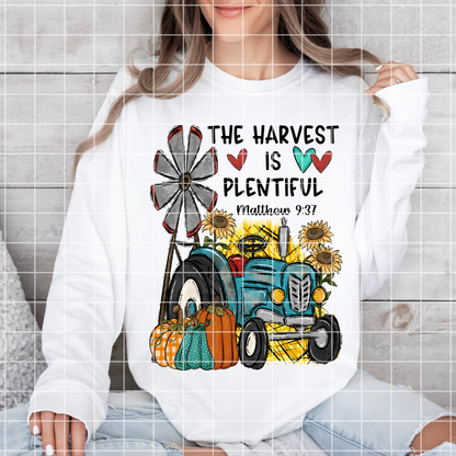 The Harvest Is Plentiful Christian T-Shirt For Fall | Matthew 9:37 | Cute Pumpkin Shirt With Tractor And Sunflowers | T-Shirt PNG For Sublimation On Shirts, Mugs, Tumblers |300 DPI