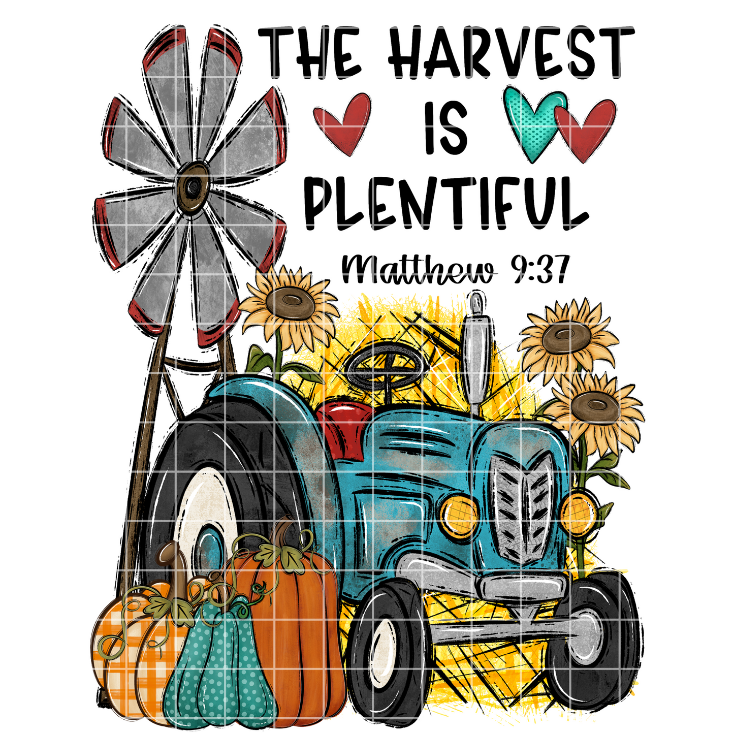 The Harvest Is Plentiful Christian T-Shirt For Fall | Matthew 9:37 | Cute Pumpkin Shirt With Tractor And Sunflowers | T-Shirt PNG For Sublimation On Shirts, Mugs, Tumblers |300 DPI