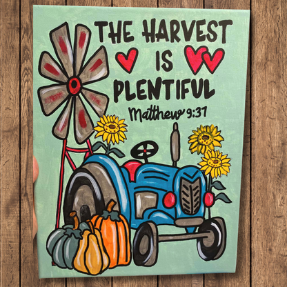 Fall tracer template with windmill, tractor, pumpkins and scripture. Fall harvest. The harvest is plentiful.