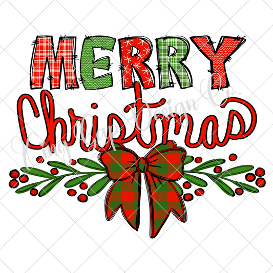 Merry Christmas PNG With Red And Green Patterned Doodle Letters And Coquette Bow | Suitable For Sublimation Or DTF Transfers | 300 DPI, High Resolution With Transparent Background