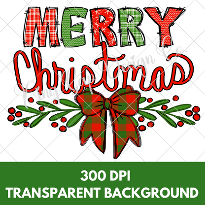 Merry Christmas PNG With Red And Green Patterned Doodle Letters And Coquette Bow | Suitable For Sublimation Or DTF Transfers | 300 DPI, High Resolution With Transparent Background