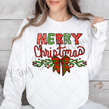 Merry Christmas PNG With Red And Green Patterned Doodle Letters And Coquette Bow | Suitable For Sublimation Or DTF Transfers | 300 DPI, High Resolution With Transparent Background