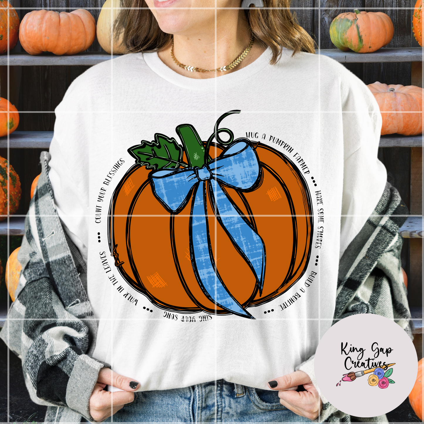 Cute Fall T-Shirt Sublimation PNG | Hug A Pumpkin Farmer | Hand Drawn Pumpkin With Blue Coquette Bow | 300 DPI, Transparent Background