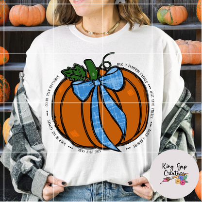Cute Fall T-Shirt Sublimation PNG | Hug A Pumpkin Farmer | Hand Drawn Pumpkin With Blue Coquette Bow | 300 DPI, Transparent Background