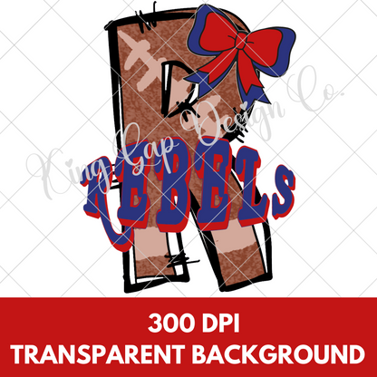 Rebels Doodle "R" | Red And Blue School Colors | Coquette Bow | Cute Shirt Design For Rebels Fan | High Resolution Image | 300 DPI, Transparent Background