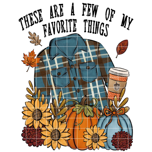 Fall Shirt Design For Sublimation Or DTF | Favorite Things | Flannel Shirt | Coffee | Pumpkins | Falling Leaves | 300 DPI, Transparent Background