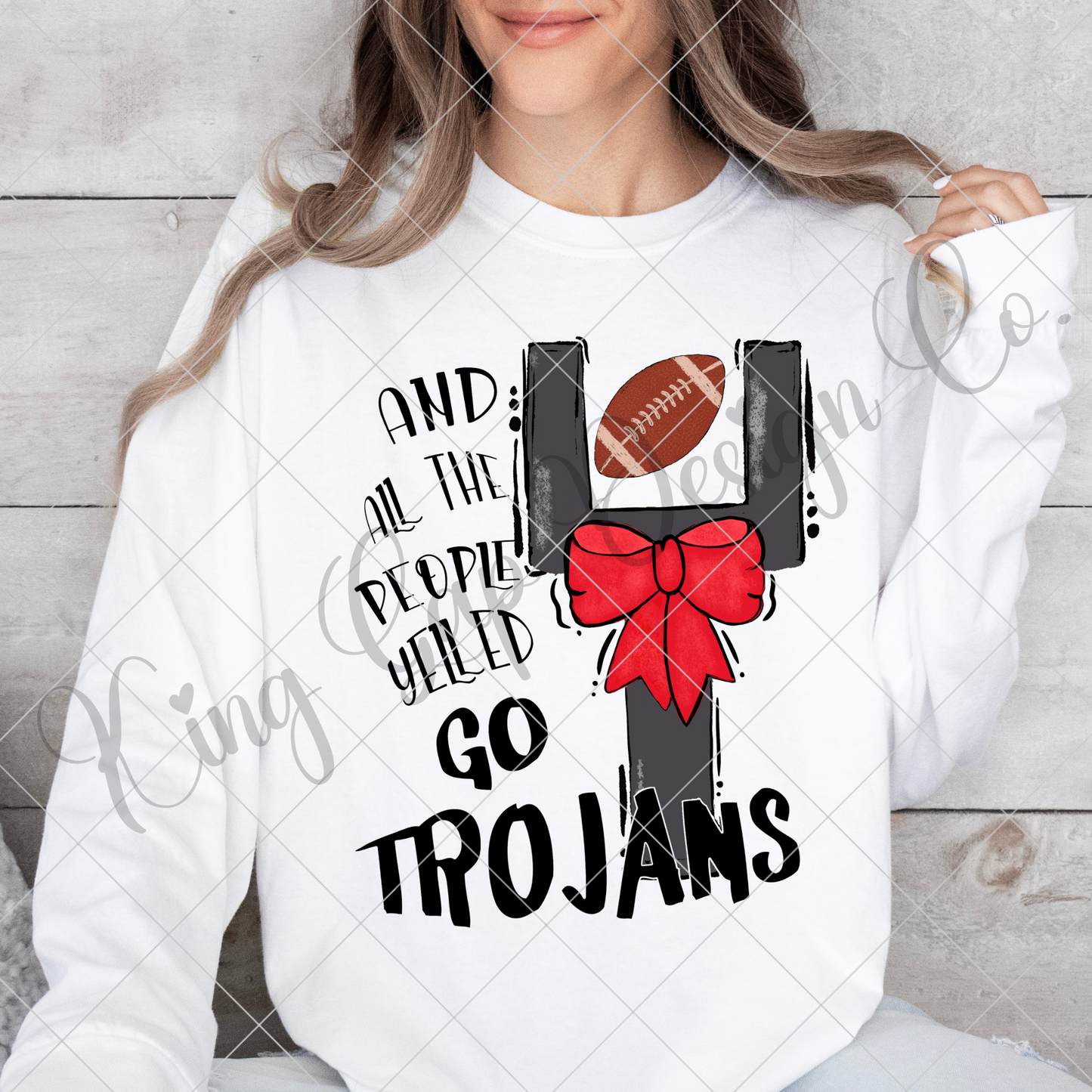 Trojans Football PNG For Sublimation Or DTF Featuring Hand Drawn Field Goal With Football And Red Coquette Bow | 300 DPI T-Shirt File