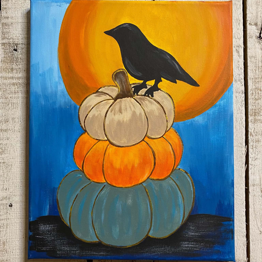 Moonlit Crow On A Stack Of Pumpkins | Fall Door Hanger Or Canvas Template | Halloween Painting Template For Door Hanger Or Canvas Painting | Acrylic Painting For Beginners | Template Video And Instructions Included | Fall Craft Project