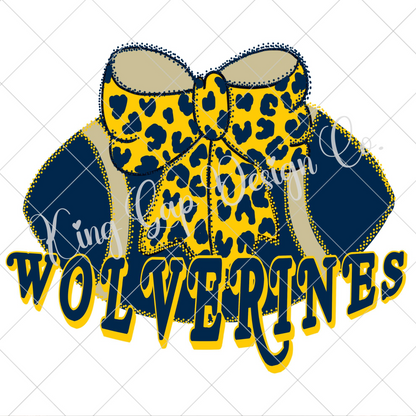 Wolverines Football Sublimation | Blue And Maize | Blue And Gold | Hand Drawn Original Design Features Football With Coquette Bow | 300 DPI