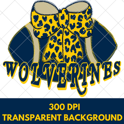 Wolverines Football Sublimation | Blue And Maize | Blue And Gold | Hand Drawn Original Design Features Football With Coquette Bow | 300 DPI