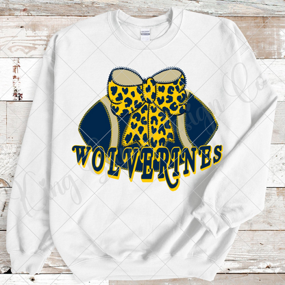 Wolverines Football Sublimation | Blue And Maize | Blue And Gold | Hand Drawn Original Design Features Football With Coquette Bow | 300 DPI