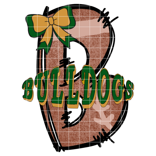 Green And Gold Bulldogs Football Sublimation PNG For T-Shirts, Mugs, Tumblers | Doodle Letter WIth Bow | 300 DPI, High Resolution Image Can Be Enlarged Without Losing Image Quality