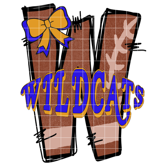 Blue And Gold Wildcats Doodle Letter Shirt | Cute Wildcats Football Shirt For School With Blue And Gold School Colors | 300 DPI Transparent Background PNG
