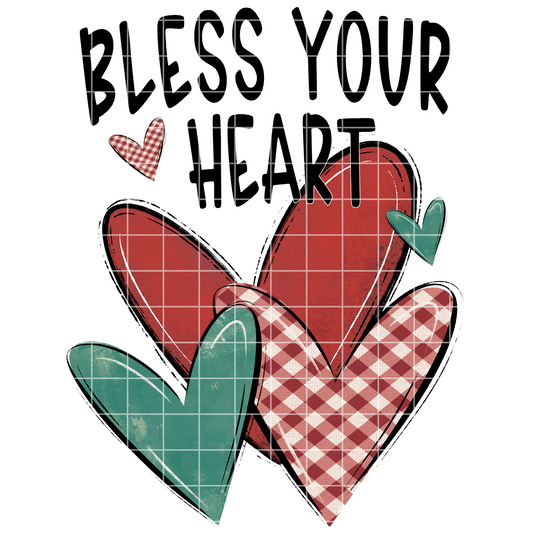 Bless Your Heart | PNG Design With Red And Teal Hearts For Making Shirts, Cups, Tumblers, Wall Art | High Quality, 300 DPI Image With Transparent Background