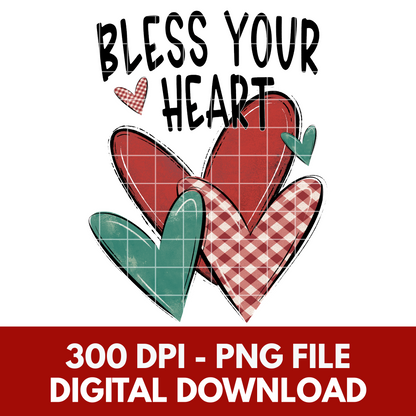 Bless Your Heart | PNG Design With Red And Teal Hearts For Making Shirts, Cups, Tumblers, Wall Art | High Quality, 300 DPI Image With Transparent Background