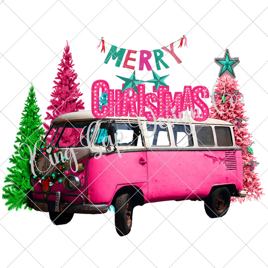 Christmas Hippie Bus Sublimation PNG | Cute Shirt Design For Christmas | Pink And Teal | High Resolution, 300 DPI, Transparent Background