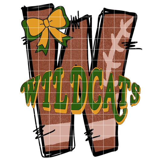 Green And Gold Wildcats T-Shirt Design With Doodle Letter Football And Green And Gold School Colors For Sublimation, Stickers, DTF | 300 DPI