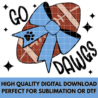 Go Dawgs Sublimation PNG For Bulldogs Fans With Light Blue School Colors | Hand Drawn Football With Blue Coquette Bow 300 DPI Transparent BG