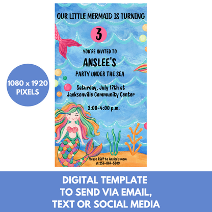 Mermaid Invitation For Little Girls' Birthday Party | Print On Demand And Digital Versions Included | Original Mermaid Design With Cute Hand Drawn Artwork