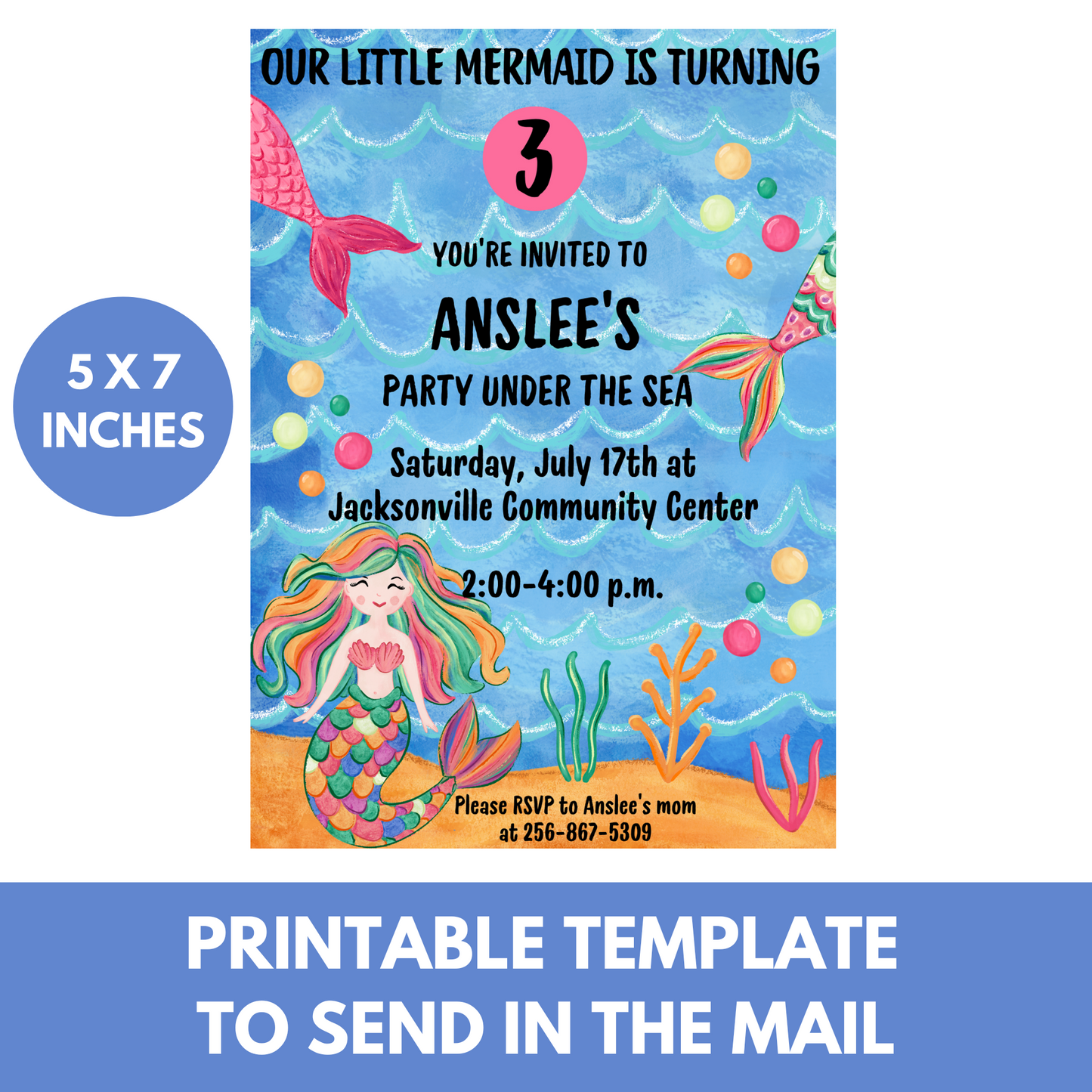 Mermaid Invitation For Little Girls' Birthday Party | Print On Demand And Digital Versions Included | Original Mermaid Design With Cute Hand Drawn Artwork