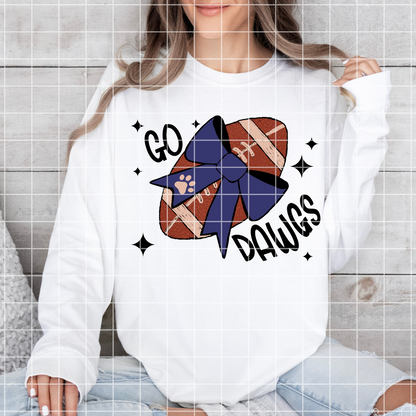 Go Dawgs Football PNG For Sublimation | Hand Drawn Football With Navy Bow, 300 DPI With Transparent Background For T-Shirts, Mugs, Tumblers